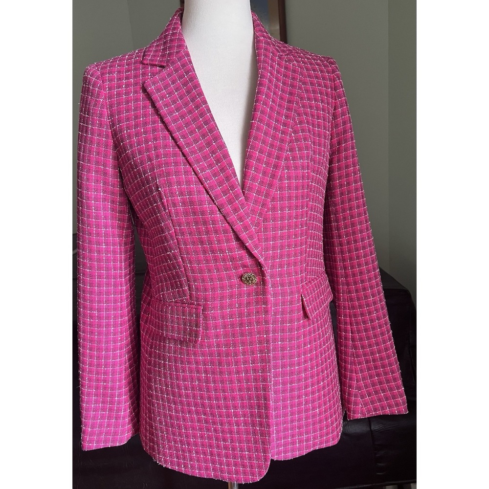 Vintage Anne Klein Pink Plaid Tweed Blazer Women's Sz XS Coat Jacket